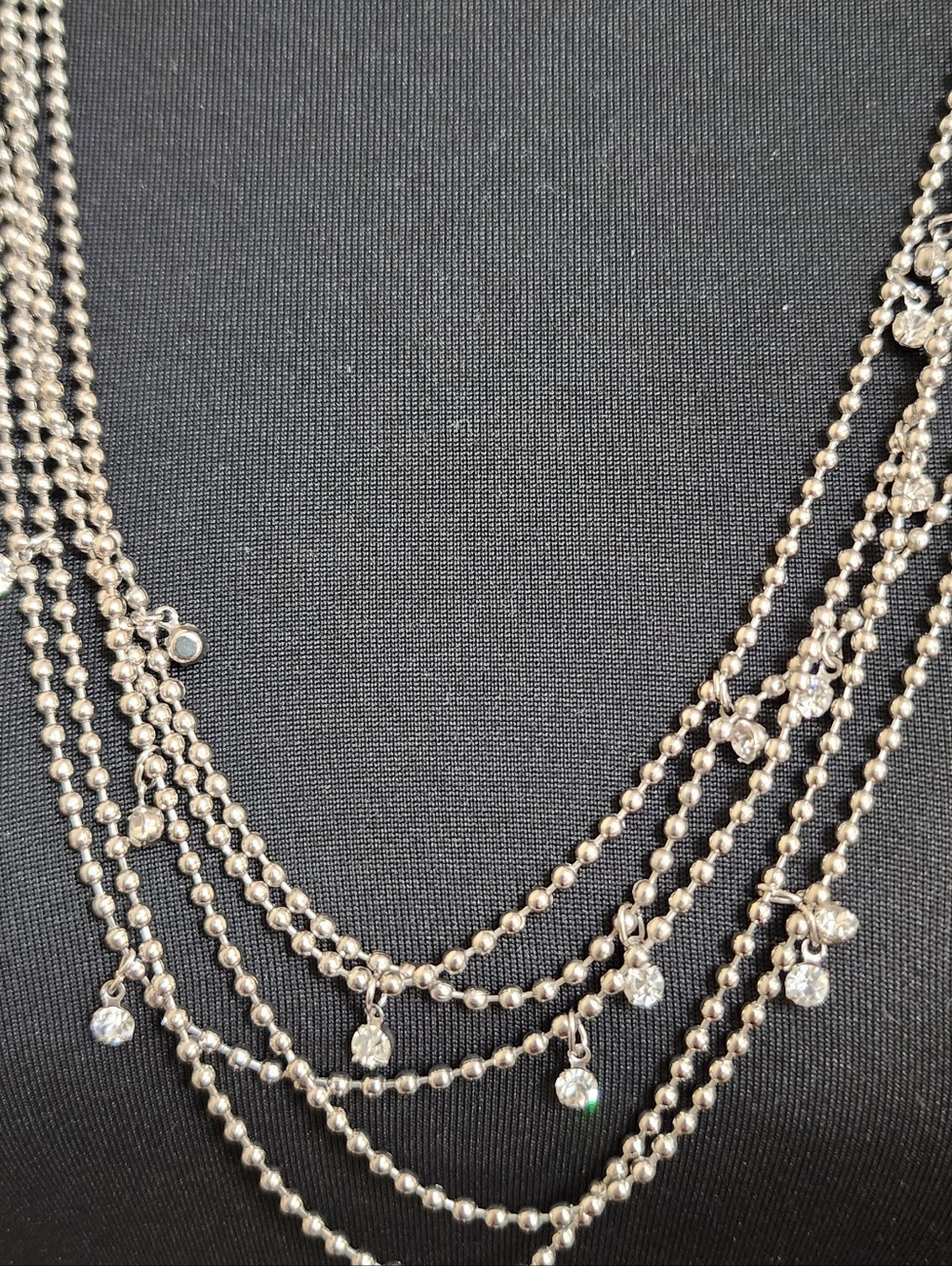 Multi-Layer Silver Ball Chain Rhinestone Dangle Necklace - Picture 2 of 6